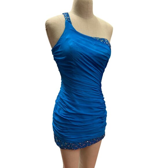 Colors Dress Blue One-Shoulder Ruched Dress With Beaded Trim Size S Super Mini D - Picture 4 of 10